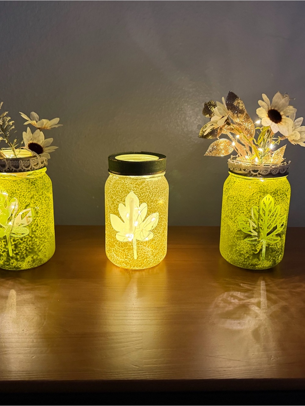 Decorative Fall Leaf decor Mason Jar set with fairy lights - homemade